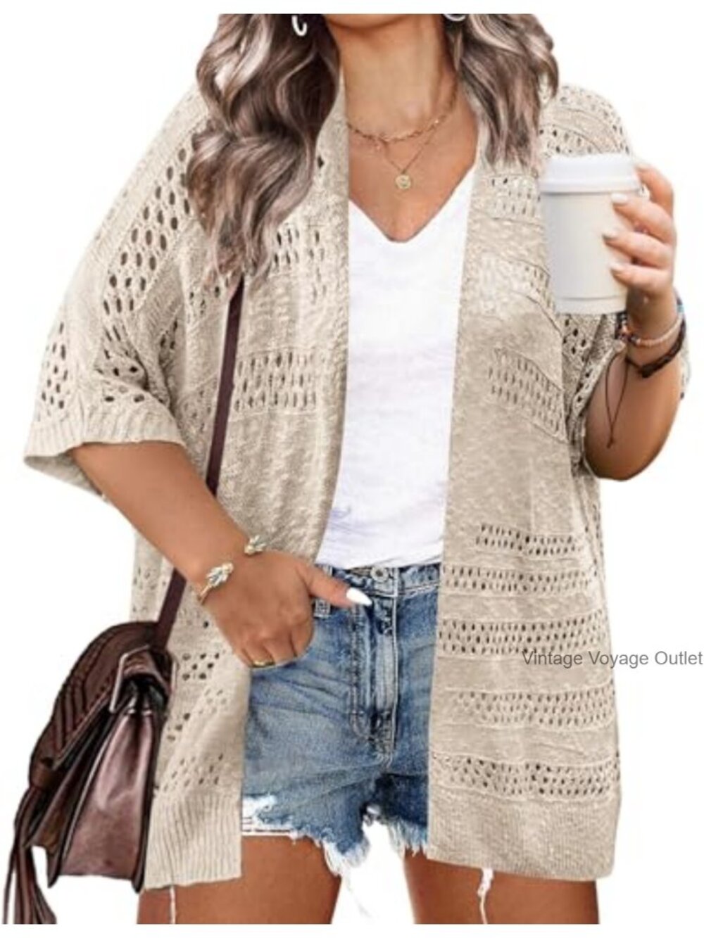 Plus Size Lightweight Crochet Cardigan Short Sleeve Kimono Cover Up Boho Knit